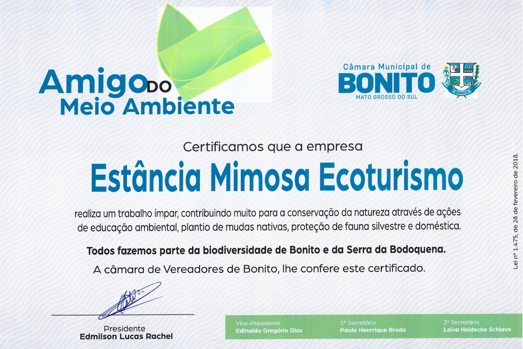 Estância Mimosa Ecoturismo recebe título de Amigo do Meio Ambiente
